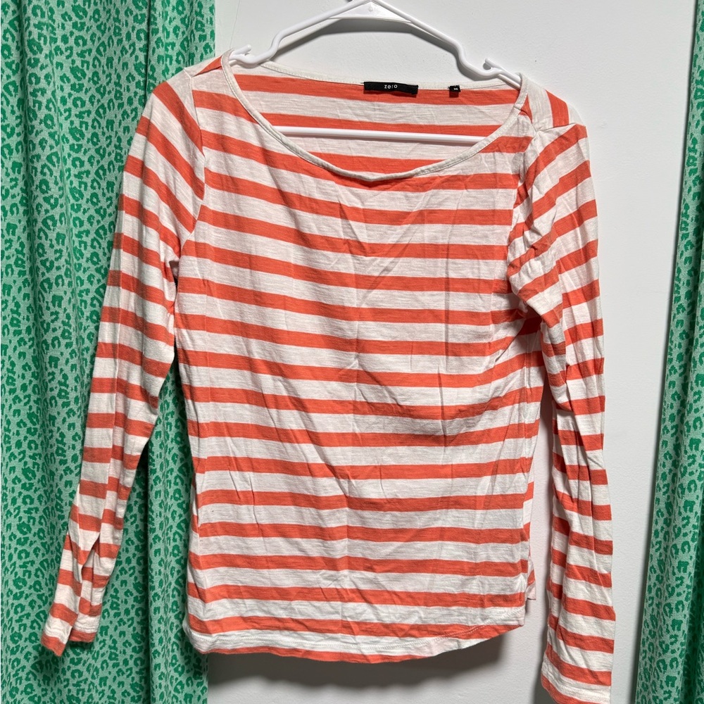 Stylish Women's Long Sleeve Striped Top - Coral and White